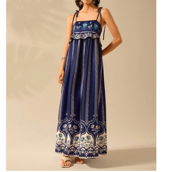 Boho Navy Blue floral Print Cut out Ruffle Maxi Dress - Picture 4 of 9